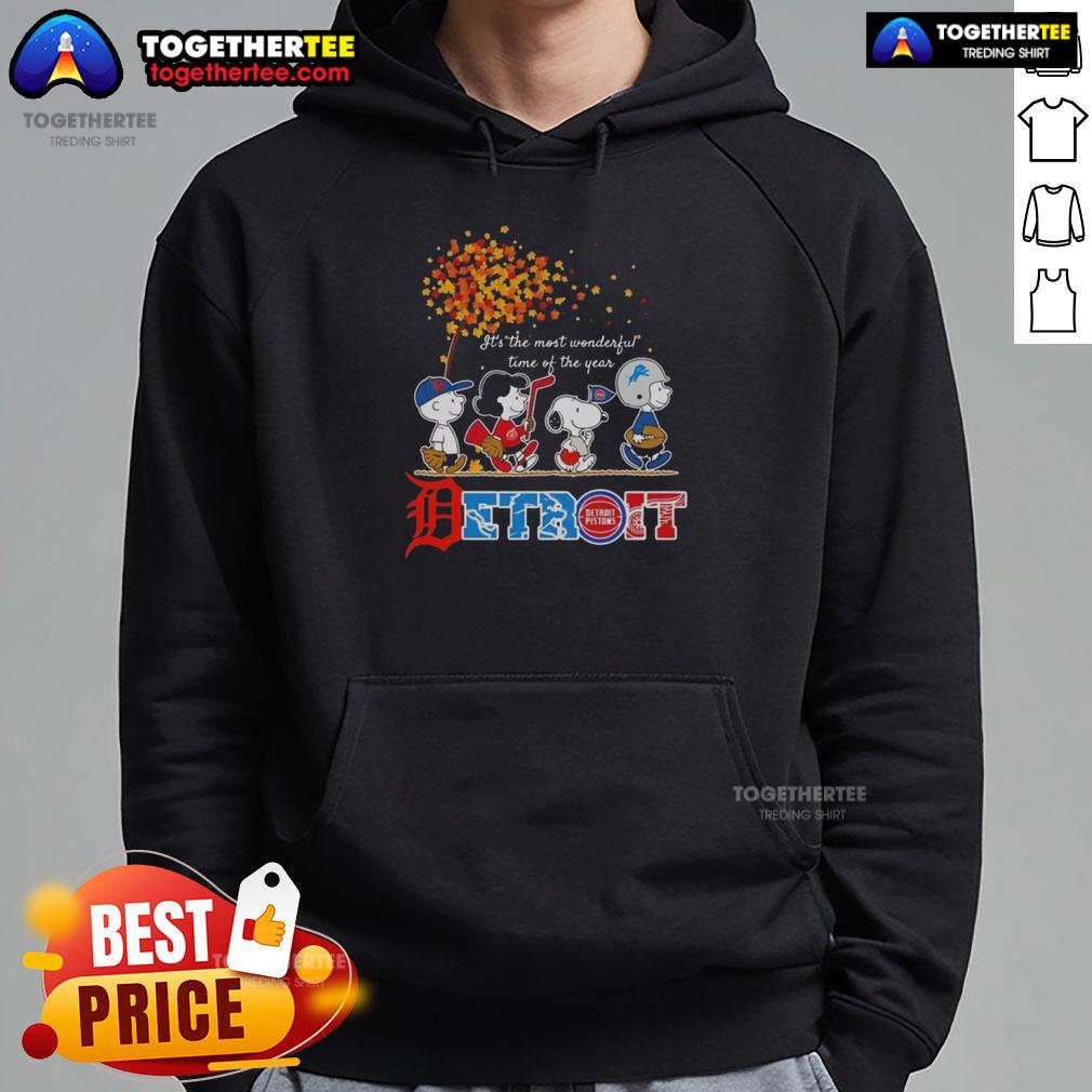 Premium Snoopy and Friends Detroit autumn hoodie featuring festive designs for the most wonderful time of the year.
