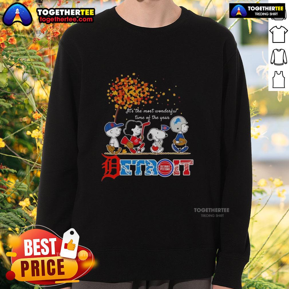 Alt Text: Premium Snoopy and Friends Detroit sweatshirt for autumn featuring festive designs, perfect for the most wonderful time of the year.