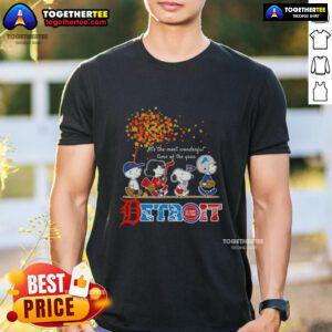 Alt Text: Premium Snoopy and Friends Detroit Autumn T-Shirt - 'It's The Most Wonderful Time Of The Year' design for fall.