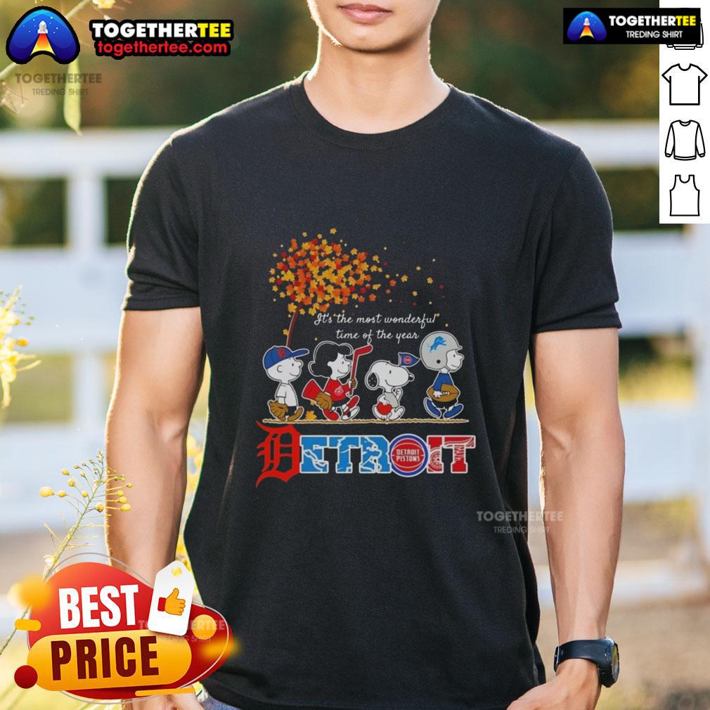 Alt Text: Premium Snoopy and Friends Detroit Autumn T-Shirt - 'It's The Most Wonderful Time Of The Year' design for fall.