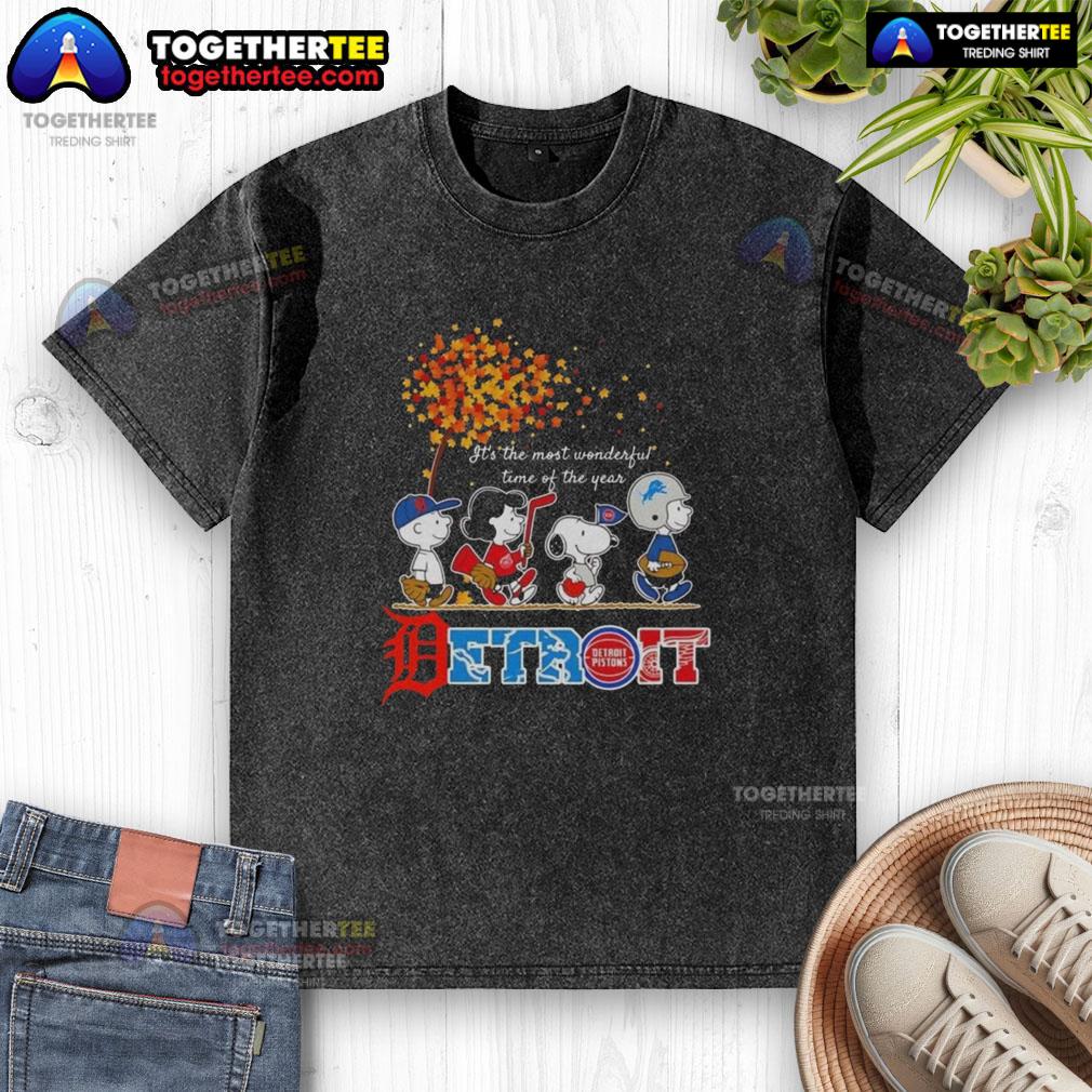 Alt Text: Premium Snoopy and Friends Detroit Autumn Washed T-Shirt featuring festive designs for the most wonderful time of the year.