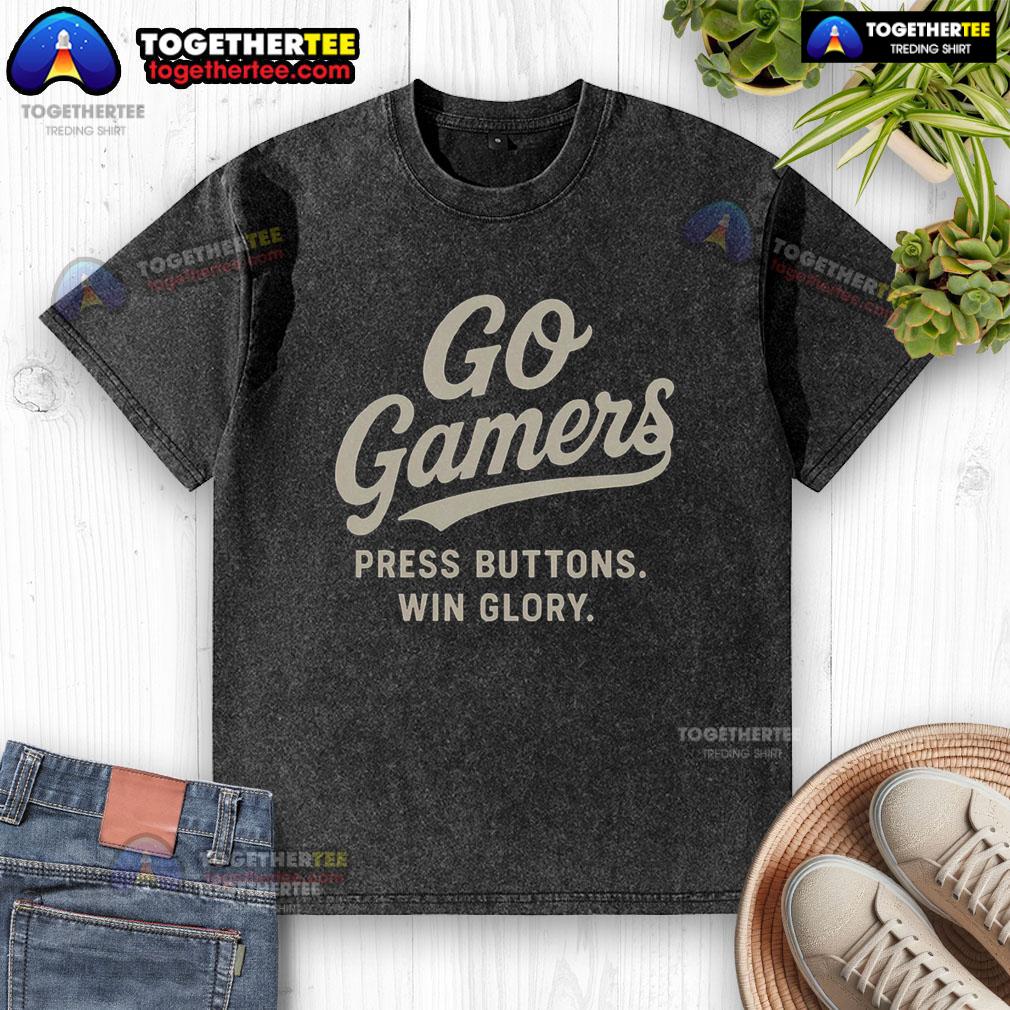 Pretty Go Gamer washed t-shirt featuring buttons and gaming graphics, perfect for gamers seeking style and comfort.