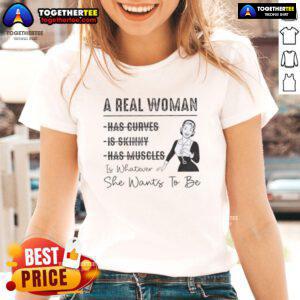 Top A Real Woman Has Curves Ladies Tee showcasing a stylish design celebrating body positivity and self-expression.