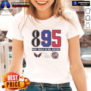 Top Alexander Ovechkin Washington Capitals 895 Goals NHL History Signature Ladies Tee design featuring Ovechkin's name.