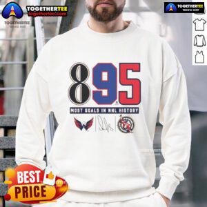 Alexander Ovechkin Washington Capitals sweatshirt celebrating 895 goals, marking him in NHL history.