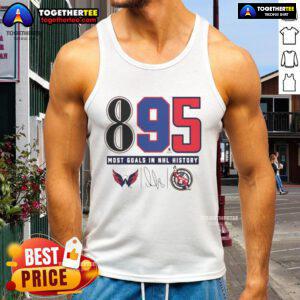 Top Alexander Ovechkin Washington Capitals 895 Goals NHL History signature tank top design showcasing sports memorabilia.