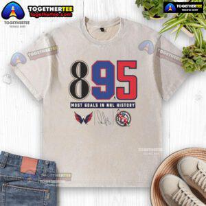 Top Alexander Ovechkin Washington Capitals 895 Goals NHL History Signature Washed T-Shirt displayed on a hanger.