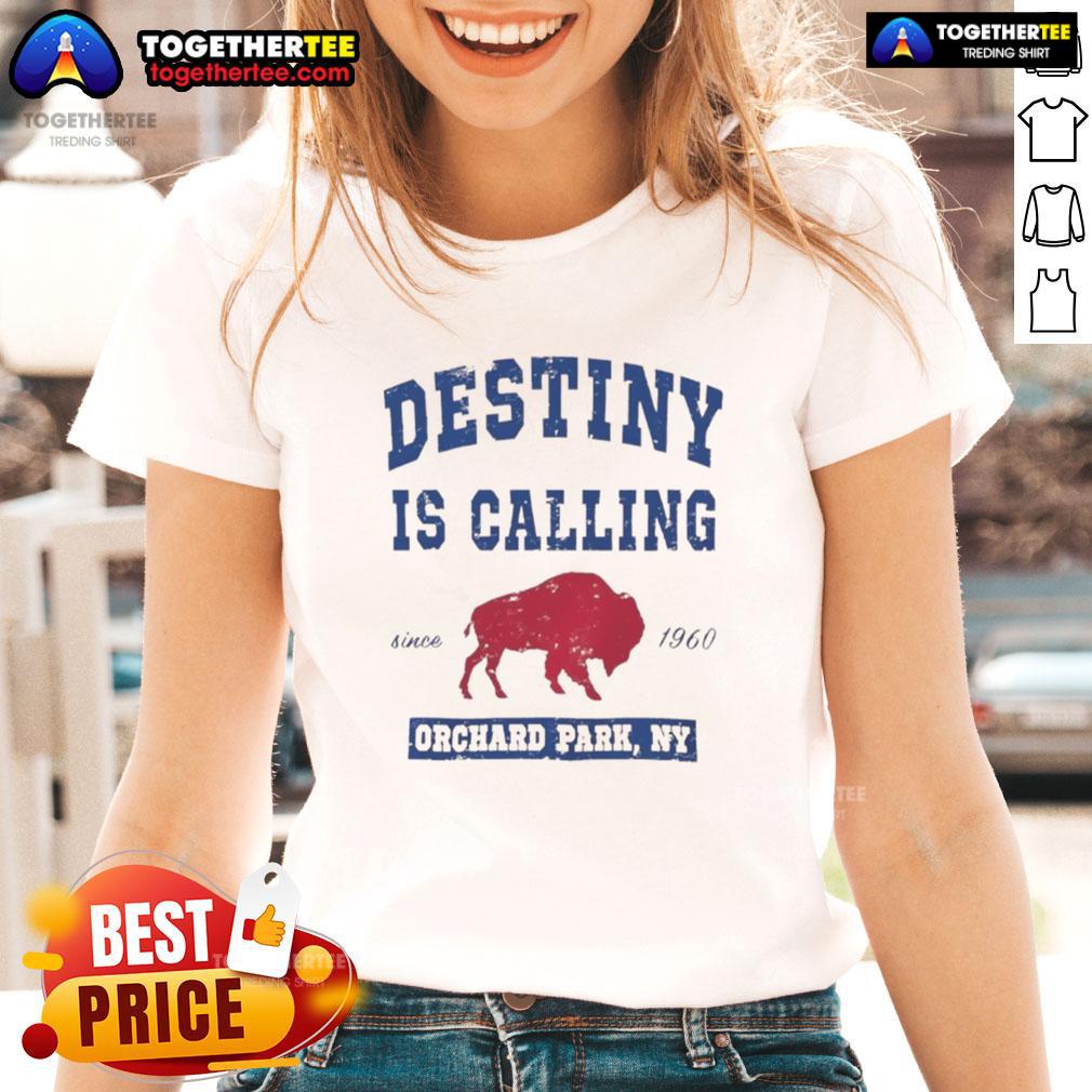 Top Buffalo Bills Destiny is Calling ladies tee in Orchard Park, NY, featuring team colors and logo for fans.