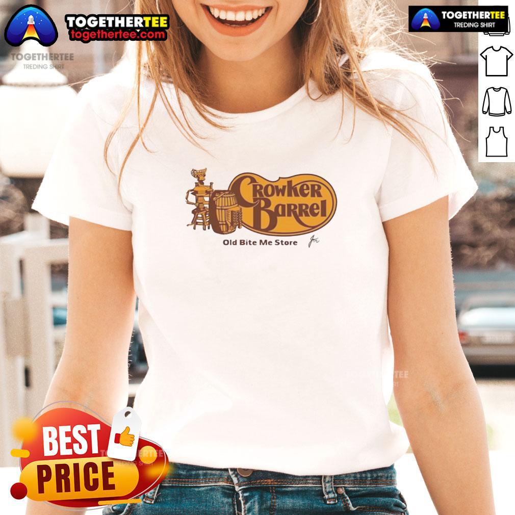 Top Crowker Barrel 'The Old Bite Me Store' ladies tee featuring a stylish design for casual wear.
