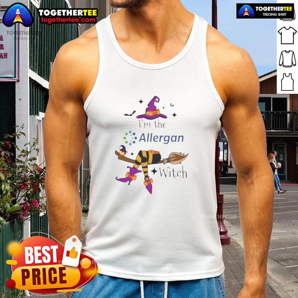 Womens Halloween tank top featuring 'Top I'm the Allergan Witch' design, perfect for festive celebrations and spooky fun.
