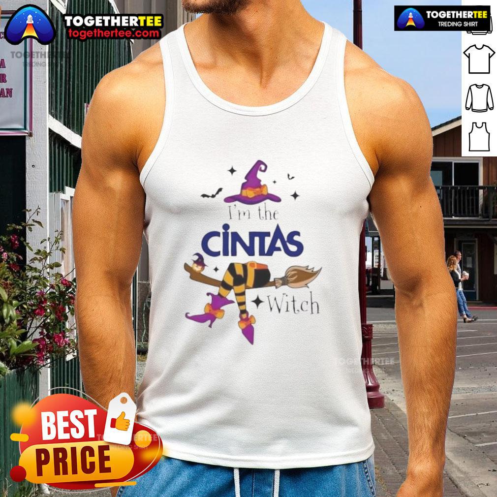 Top Im The Cintas Witch Halloween Tank Top featuring a playful witch design, perfect for festive Halloween celebrations.