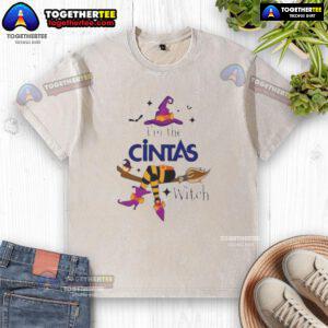 Top Im The Cintas Witch Halloween washed t-shirt featuring a fun witch graphic, perfect for festive Halloween attire.