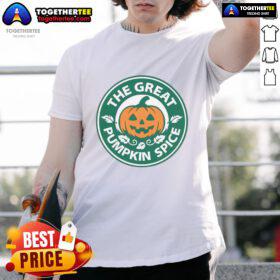 Top The Great Pumpkin Spice T-Shirt featuring a festive pumpkin design, perfect for fall and cozy sweater weather.