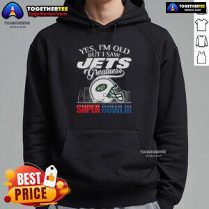 New York Jets Super Bowl III hoodie featuring a helmet and skyline, showcasing vintage style for proud fans.