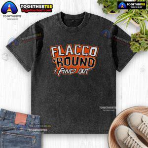 Alt Text: Awesome Joe Flacco Cleveland Browns washed t-shirt featuring bold round design for fans.