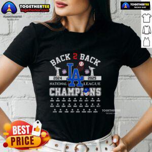 Los Angeles Dodgers 2024-2025 National League Champions ladies tee, featuring vibrant team colors and logo.