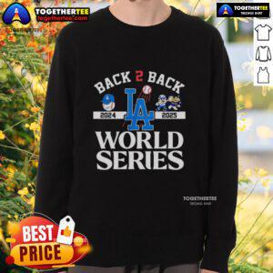 Stylish Los Angeles Dodgers sweatshirt celebrating back-to-back World Series wins in 2024 and 2025.