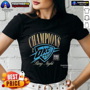 Oklahoma City Thunder NBA Champions 2025 Ring Night ladies tee featuring vibrant team colors and logo design.
