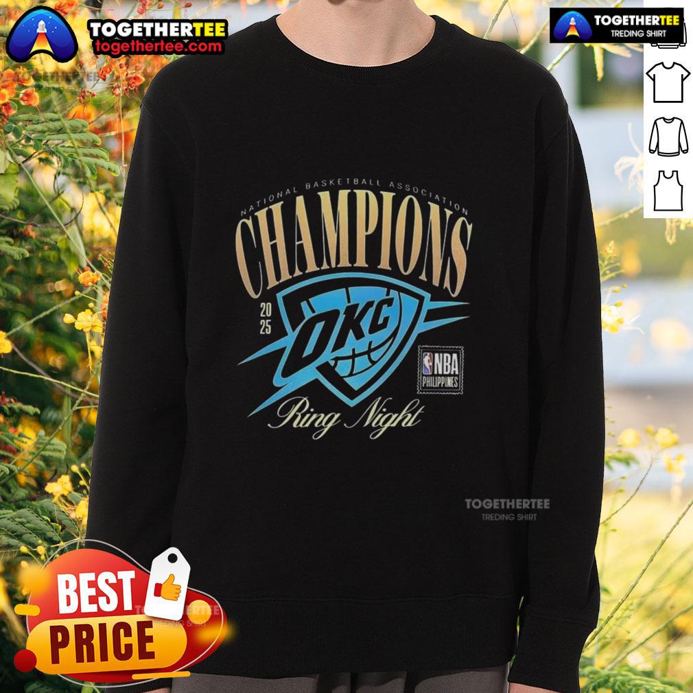Alt Text: Oklahoma City Thunder NBA Champions 2025 Ring Night sweatshirt featuring vibrant team colors and logo design.