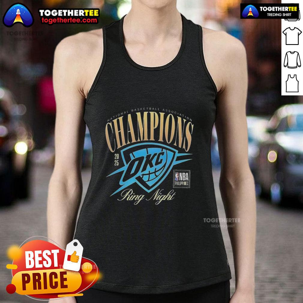 Alt Text: Oklahoma City Thunder NBA Champions 2025 Ring Night tank top featuring team logo and championship design.