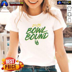 Awesome Oregon Ducks Bowl Bound 2025 Ladies Tee featuring vibrant team colors and stylish design for fans.