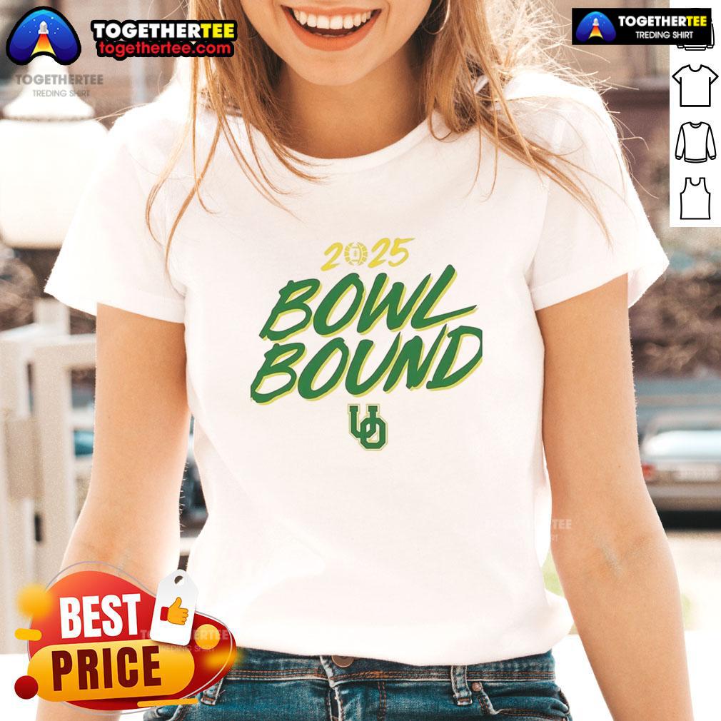 Awesome Oregon Ducks Bowl Bound 2025 Ladies Tee featuring vibrant team colors and stylish design for fans.