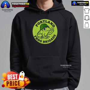 Awesome Portland Frog Brigade protest hoodie featuring vibrant frog graphics and bold protest messages.
