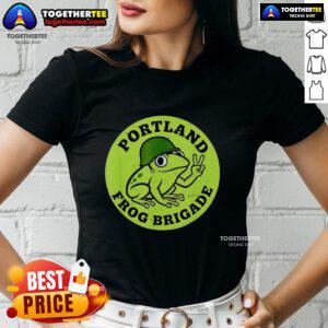 Awesome Portland Frog Brigade Protest Ladies Tee featuring vibrant frog graphics and bold protest slogans.