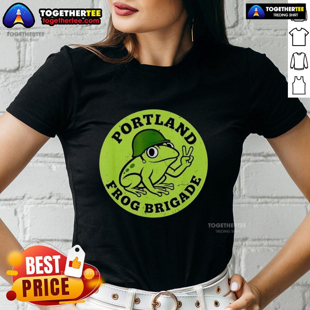 Awesome Portland Frog Brigade Protest Ladies Tee featuring vibrant frog graphics and bold protest slogans.