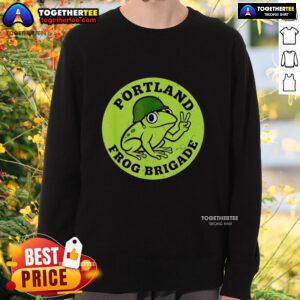 Alt Text: Awesome Portland Frog Brigade protest sweatshirt featuring vibrant design and eco-friendly message.