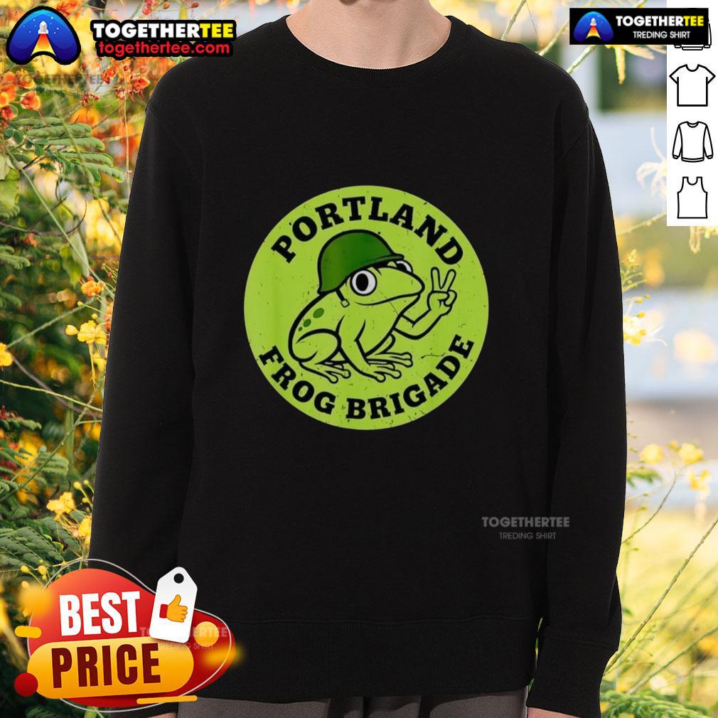Alt Text: Awesome Portland Frog Brigade protest sweatshirt featuring vibrant design and eco-friendly message.