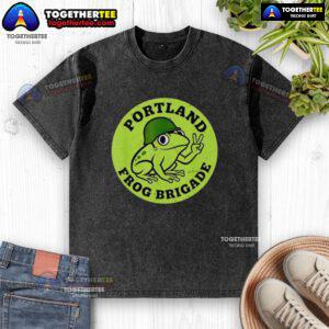 Awesome Portland Frog Brigade protest washed t-shirt featuring vibrant graphics and eco-friendly message.