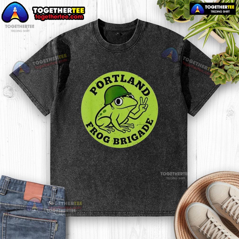 Awesome Portland Frog Brigade protest washed t-shirt featuring vibrant graphics and eco-friendly message.