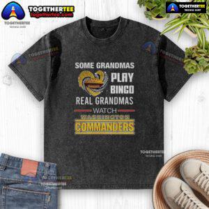 Grandmas playing bingo in a Washington Commanders football-themed t-shirt, showcasing fun and team spirit.
