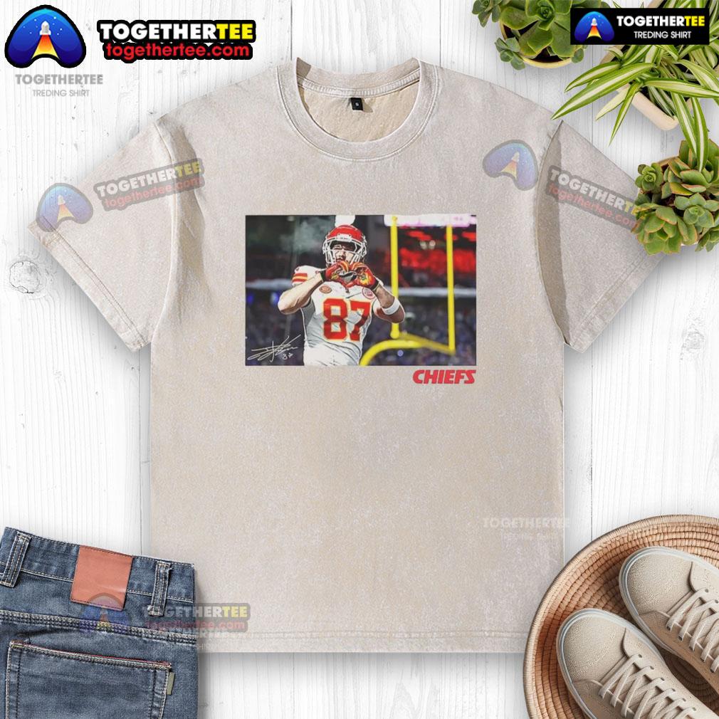 Awesome Travis Kelce Kansas City Chiefs Football Heart Signature T-Shirt in washed style, perfect for fans and collectors.