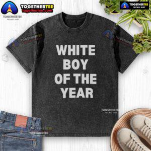 Awesome White Boy of the Year 2025 washed t-shirt displayed on a hanger, showcasing its trendy design and soft fabric.