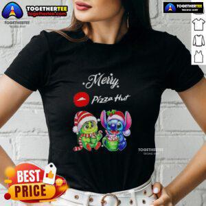 Cute Baby Grinch and Stitch on a Pizza Hut Merry Christmas Ladies Tee, perfect for festive holiday celebrations.