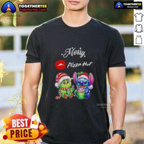 Alt Text: Cute Baby Grinch and Stitch Christmas T-Shirt from Pizza Hut, perfect for festive holiday celebrations.