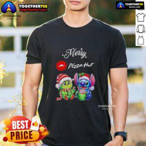 Alt Text: Cute Baby Grinch and Stitch Christmas T-Shirt from Pizza Hut, perfect for festive holiday celebrations.