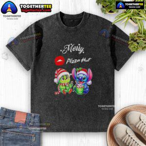 Alt Text: Cute baby Grinch and Stitch on a Merry Christmas Pizza Hut washed t-shirt, perfect for festive holiday wear.