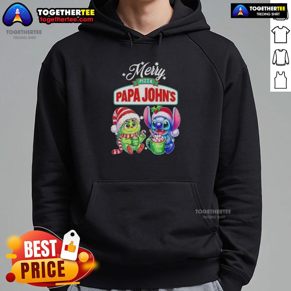 Alt Text: Cute Baby Grinch and Stitch X Pizza Papa John's Merry Christmas Hoodie design featuring festive colors and graphics.