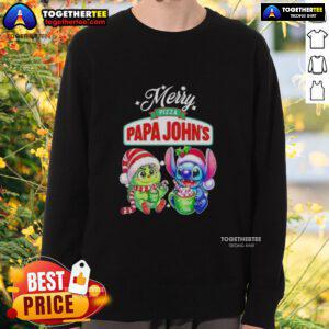 Alt Text: Cute Baby Grinch and Stitch X Pizza Papa John's Merry Christmas Sweatshirt for festive holiday cheer.