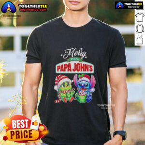 Alt Text: Cute Baby Grinch and Stitch on Pizza Papa John's Merry Christmas T-Shirt, perfect for festive celebrations.