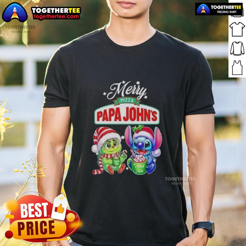 Alt Text: Cute Baby Grinch and Stitch on Pizza Papa John's Merry Christmas T-Shirt, perfect for festive celebrations.