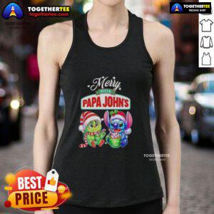 Cute Baby Grinch and Stitch in festive Papa John's Merry Christmas tank top design, perfect for holiday celebrations.