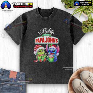 Alt Text: Cute Baby Grinch and Stitch X Pizza Papa Johns Merry Christmas washed t-shirt design for festive apparel.