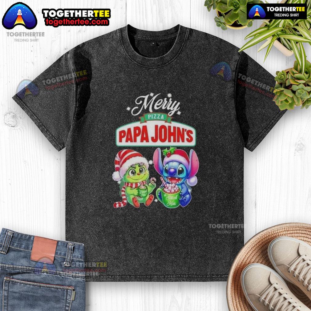 Alt Text: Cute Baby Grinch and Stitch X Pizza Papa Johns Merry Christmas washed t-shirt design for festive apparel.