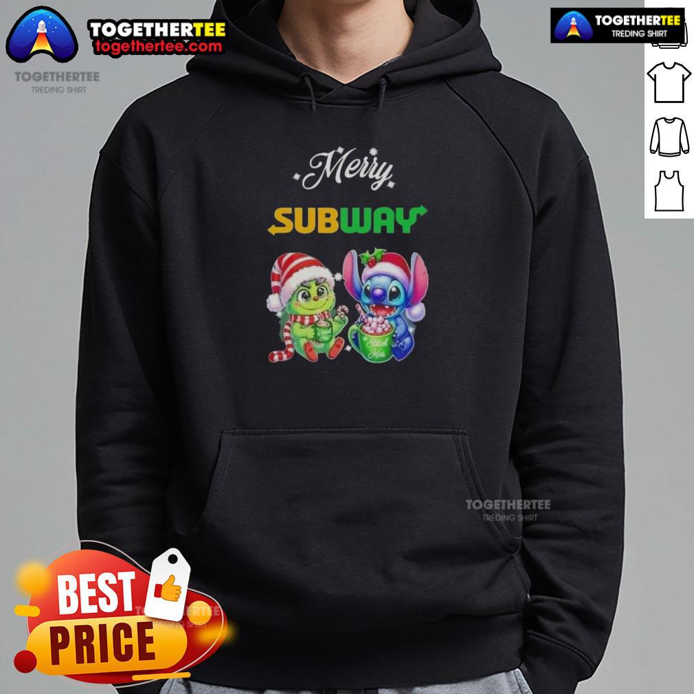 Alt Text: Cute Baby Grinch and Stitch X Subway Merry Christmas Hoodie design featuring festive colors and playful characters.