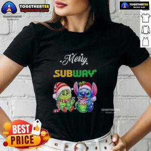 Cute Baby Grinch and Stitch on a Merry Christmas ladies tee, perfect for festive holiday fashion.