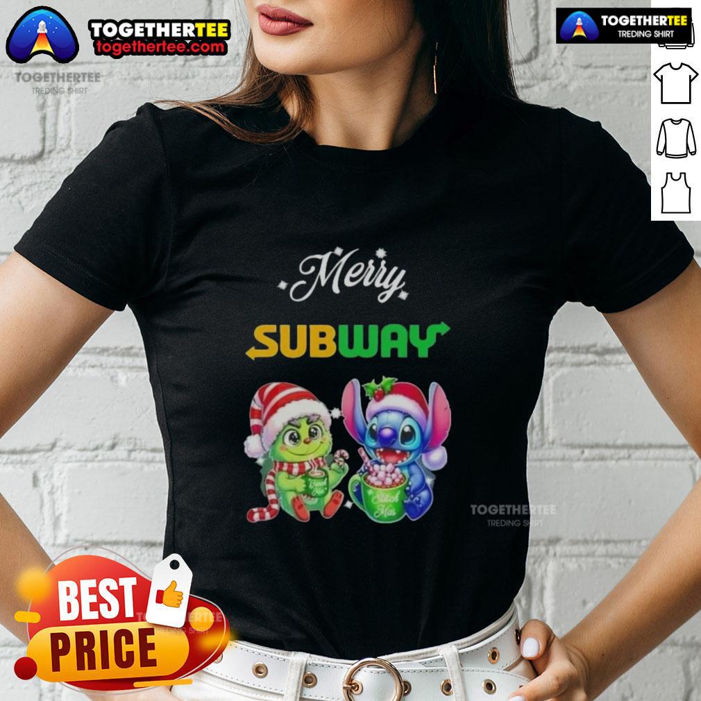 Cute Baby Grinch and Stitch on a Merry Christmas ladies tee, perfect for festive holiday fashion.